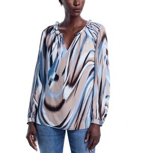 BOSS Belanya Wavy Print Top Blue Tan Abstract Ruffle Split Neck Blouse 4 NEW